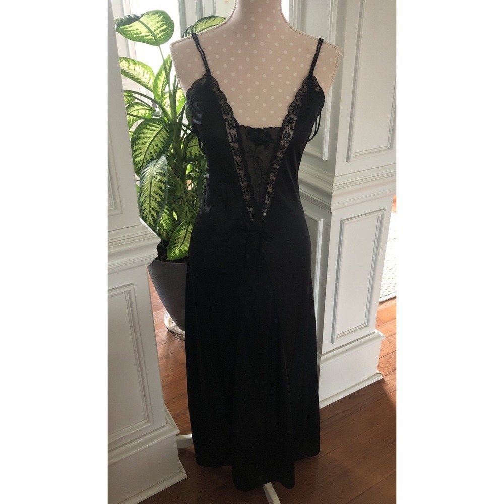 Vintage Sexy Nylon Gown Long Black Nightgown Lace Split Up Both Sides Women's XS